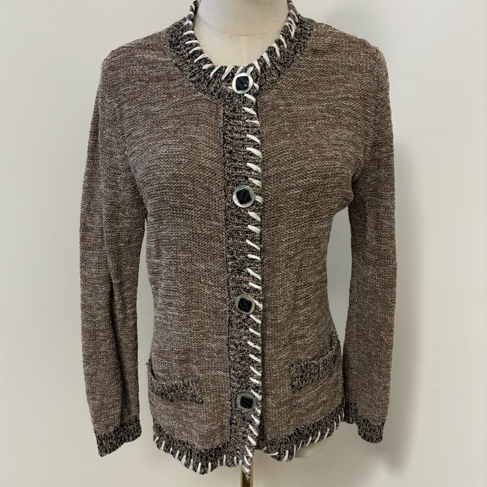 Evelyn & Arthur Linen Blend Knit Tan/Brown Cardigan with Contrast Stitching